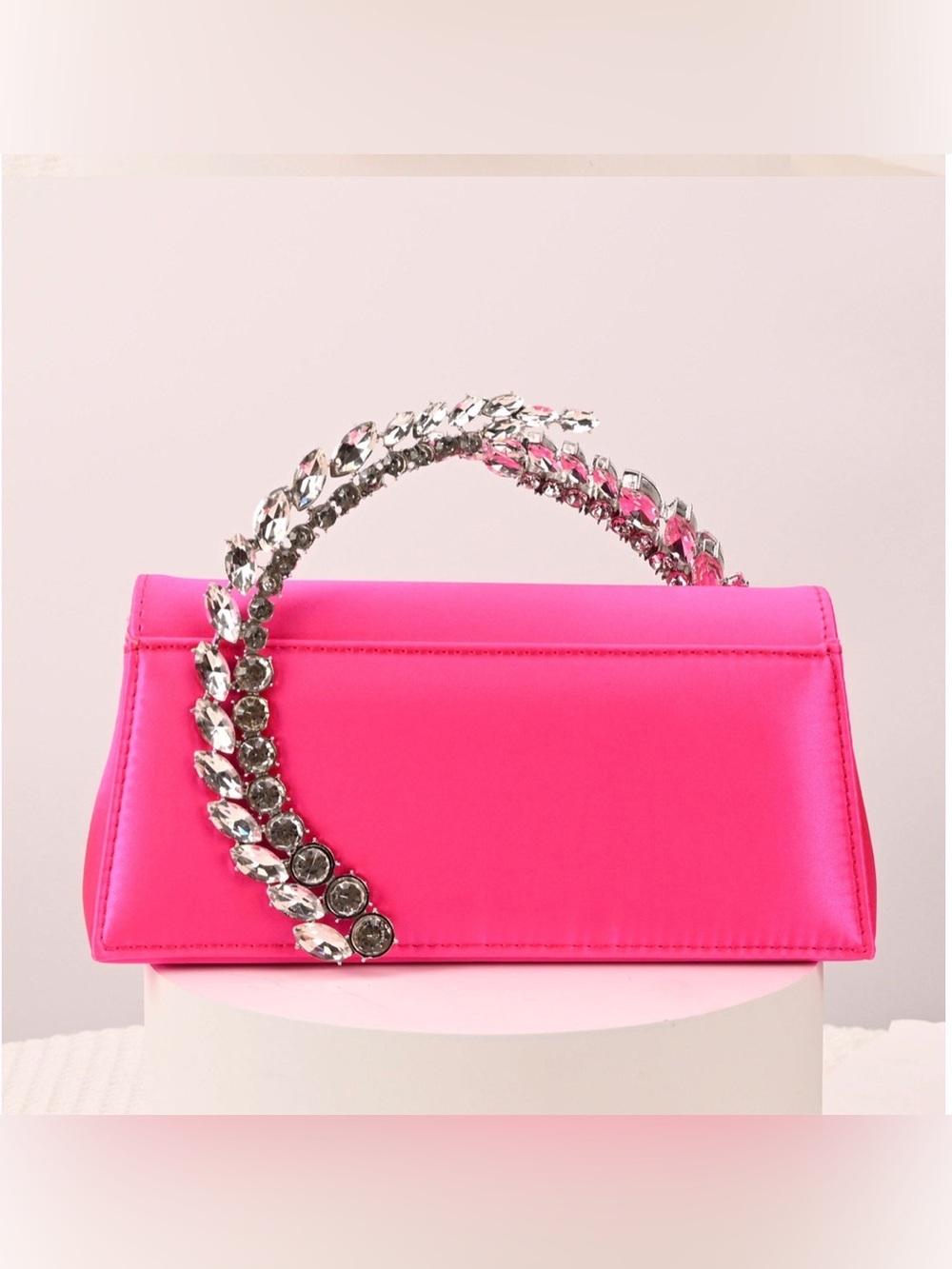 Cityclassified Hot Pink Satin Clutch with Crystal-Embellished Handle - Picture 4 of 11